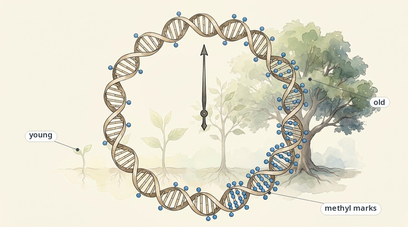 甲基化时钟：DNA 上的甲基标记随年龄改变，读它就能估出年龄